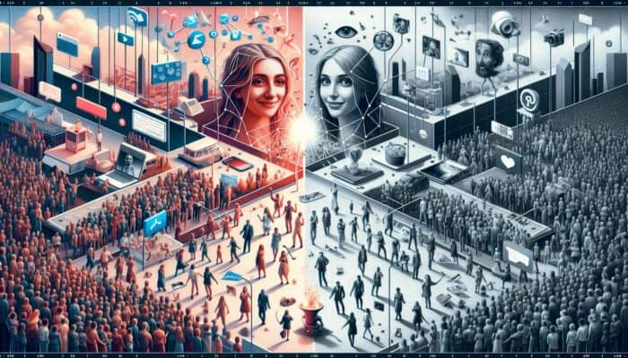 Leveraging Influencers for Affiliate Marketing: Digital collage comparing two influencer profiles: one with 5,000 engaged followers, another with millions of passive followers.