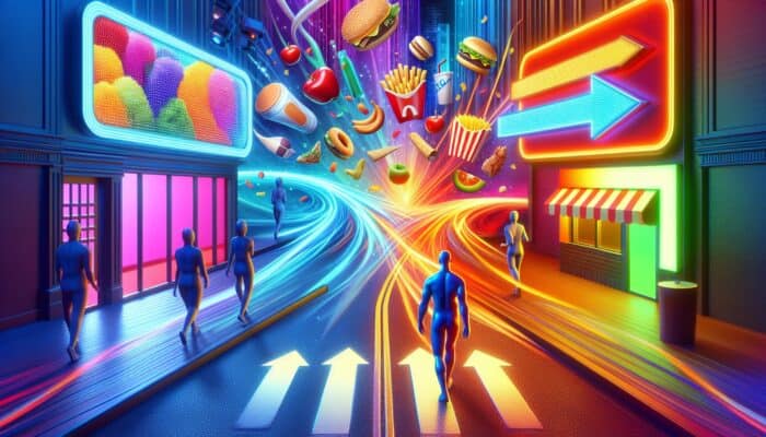 An influencer choosing between a fitness studio and a fast-food chain, symbolizing authenticity versus sell-out.