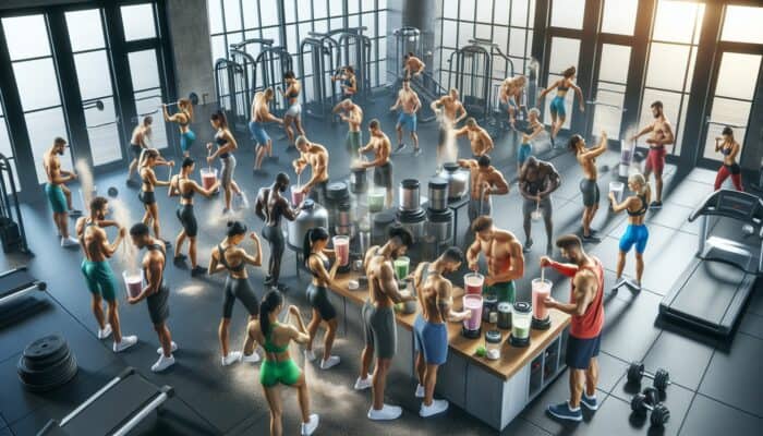 How Supplements Enhance Athletic Performance: Athletes in a gym blending protein shakes, surrounded by fitness equipment, focusing on muscle repair and growth.