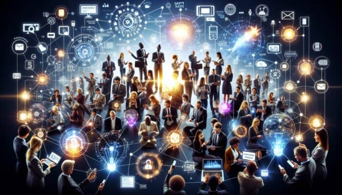 How to Create Supplement Referral Programs: A vibrant network of people sharing product recommendations digitally, with glowing incentives symbolizing trust and market expansion.