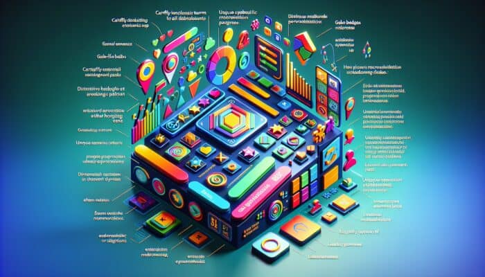 A colorful digital interface with game elements like progress bars, badges, and leaderboards on a hosting platform.