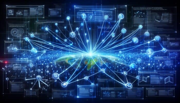 A glowing blue web of hyperlinks connecting colorful webpage nodes within a single domain, enhancing navigation and SEO.