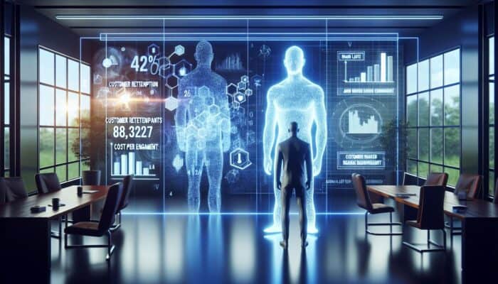 A modern data analyst in a sleek office views holographic graphs of customer retention rates and CPE, with screens showing video ad metrics.