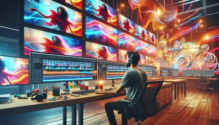 Creating Video Montages for Brand Storytelling: A video editor in a modern studio, surrounded by screens showing vibrant footage with smooth transitions and syncing music waves.