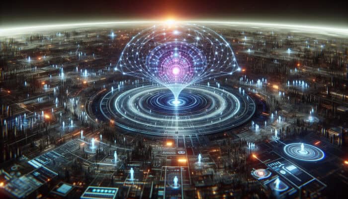 Optimizing for AI-Powered Chatbots: Futuristic digital landscape with glowing neural network core analyzing data streams and enabling seamless holographic user interactions.