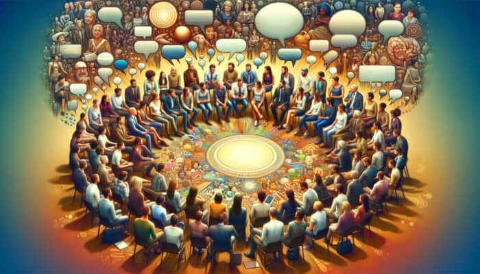A diverse group of people in a cozy circle, sharing ideas with speech bubbles, artworks, a guiding leader, and a protective glow.