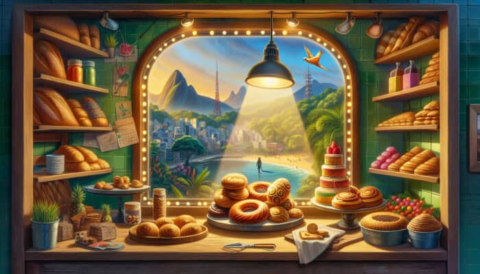 Vibrant São Paulo bakery window with fresh seasonal pastries under spotlight; traveler exploring lush Southeast Asian hidden gems in background.