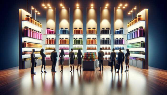 A vibrant health expo scene with colorful supplement bottles on displays, marketers engaging diverse attendees with educational charts under soft lights.
