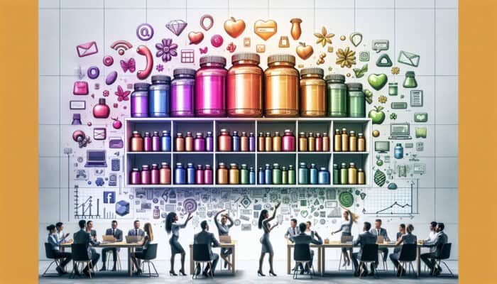 Colorful vitamin bottles on a modern shelf with laptops showing rising graphs, social media icons, and diverse consumers engaging in marketing success.
