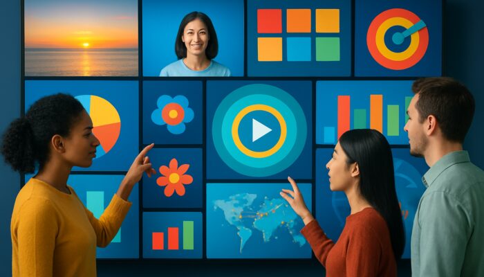 Bustling digital content hub with diverse users interacting via vibrant images, videos, and infographics for global SEO engagement.