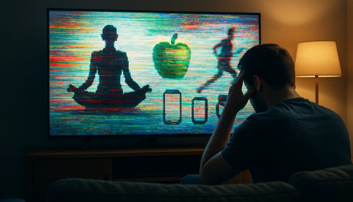 Frustrated viewer in dim living room staring at glitchy health ad on smart TV with errors.