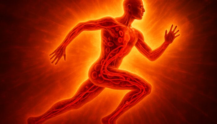Vibrant human figure radiating energy with glowing red blood cells, symbolizing iron's boost to stamina and focus.