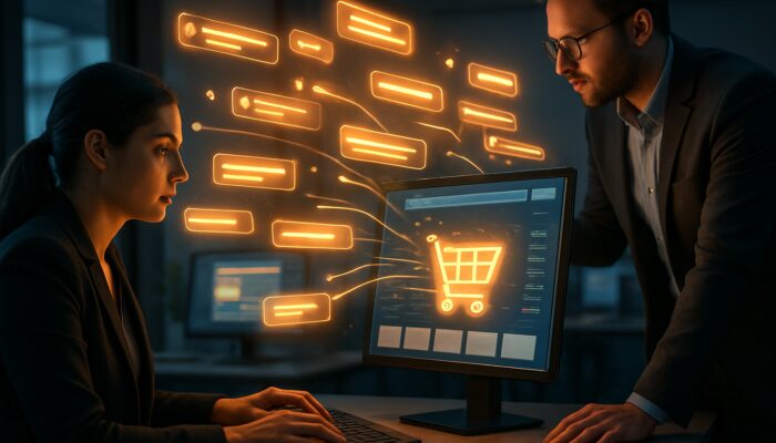 Analysts extracting glowing keywords from floating reviews to enhance a vibrant e-commerce website.