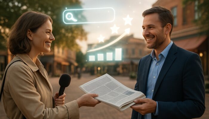 Journalist hands newspaper to smiling business owner in town square with glowing SEO icons