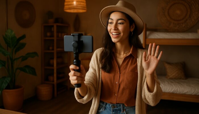 Micro-influencer filming local decor in cozy boutique hostel via smartphone