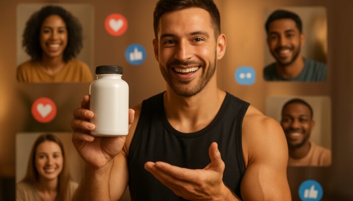 Fitness influencer endorsing premium supplements live with diverse global followers engaging
