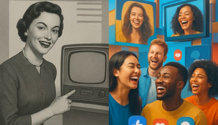 Split-screen: 1950s monochrome product specs ad vs vibrant modern diverse people connecting via media