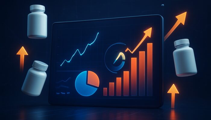 Vivid digital dashboard displaying glowing CPA and ROAS graphs with floating vitamin bottles and rising sales arrows.
