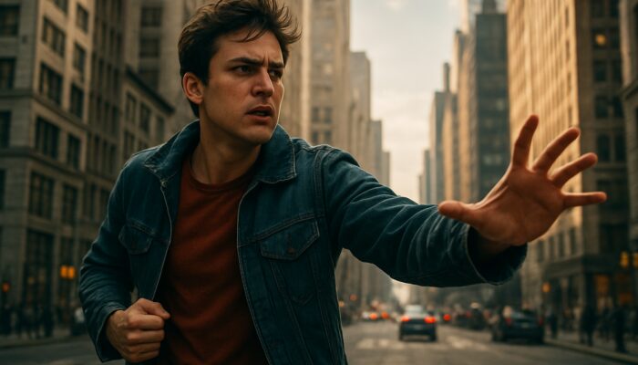 Relatable hero in dynamic pose confronts tension amid vivid cityscape for immersive ad story