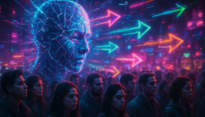 Cracked AI neural net distorting ads onto diverse crowds with neon glitches, symbolizing marketing bias.