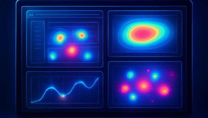 Futuristic neon dashboard with glowing heatmaps tracking website clicks, scrolls, and dwell times.