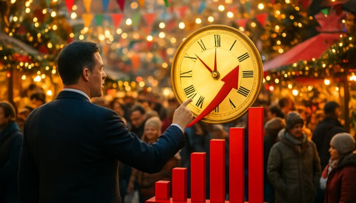 Marketer launching holiday promotion with golden clock, festive crowds, and rising sales charts