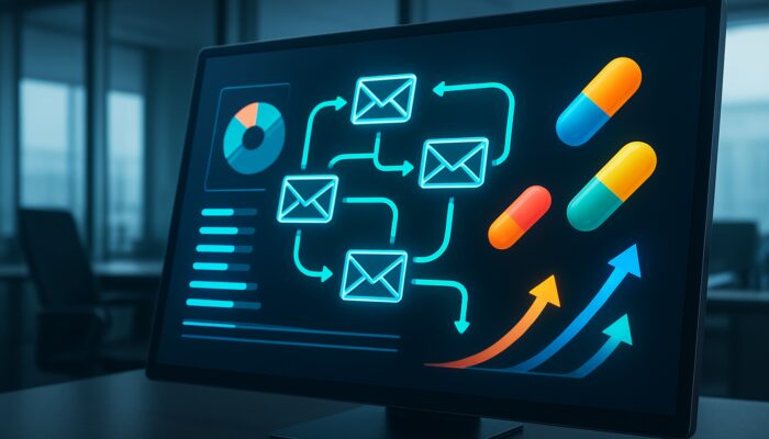 Futuristic dashboard displaying automated email flows, pill icons, and deliverability arrows for supplement marketing.