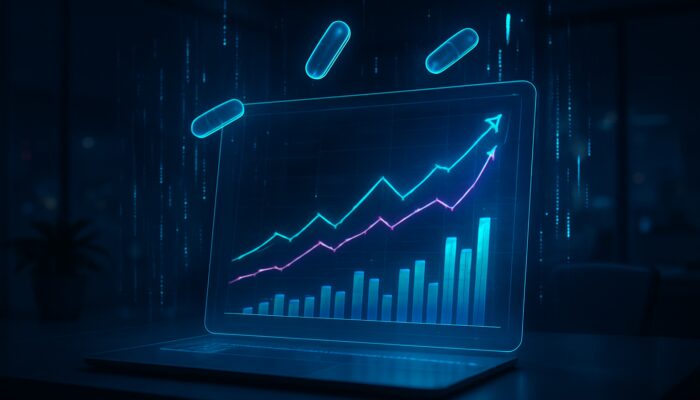 Holographic dashboard displaying rising email open rates, clicks, and conversions with floating supplement capsules in a dark office.
