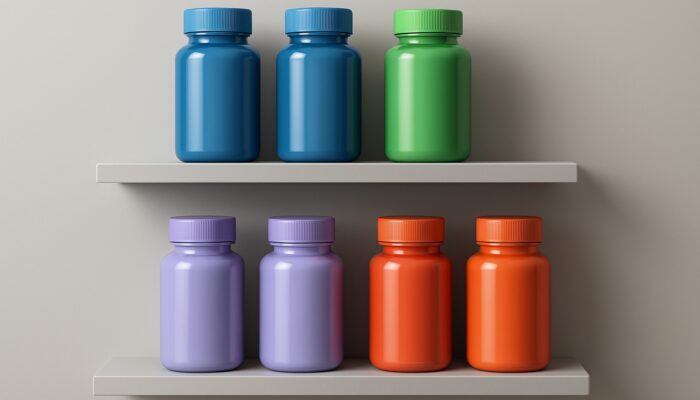 Sleek supplement bottles in blue, green, lavender, and orange-red on minimalist shelves for color psychology appeal.