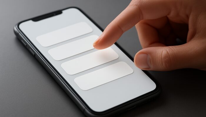 Hand tapping large labeled buttons on smartphone's intuitive sticky mobile menu.