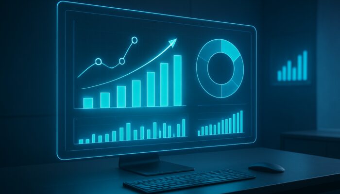 Futuristic holographic dashboard displaying keyword graphs, search volume charts, and competition metrics.