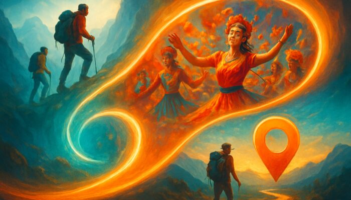 Vivid digital collage of mountain climbers, festival dancers, and travel tip icons in a glowing playlist scroll.