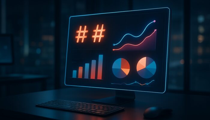 Futuristic dashboard with glowing trending hashtags, colorful engagement graphs, and social media analytics.