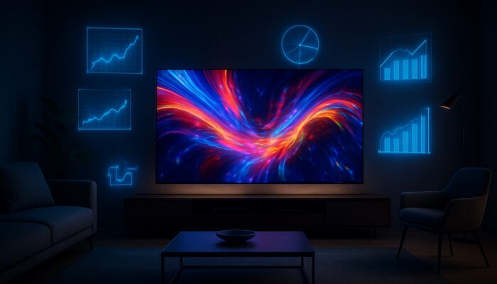Sleek modern living room with connected TV streaming video ads and holographic performance charts.