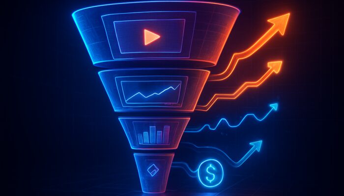 Cyberpunk digital funnel with glowing video screens, analytics graphs, and conversion optimization arrows.