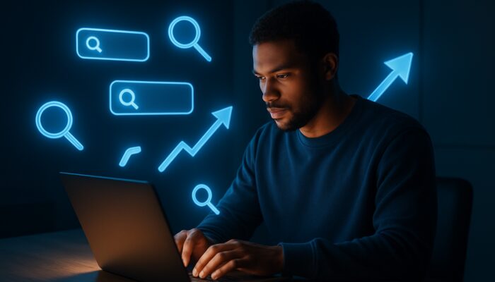 Creator at laptop optimizing video title amid floating search icons, magnifying glasses, and trending arrows