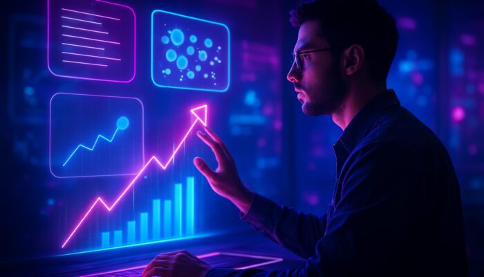 Digital creator analyzes holographic titles, keyword clouds, and glowing CTR graphs on futuristic cyberpunk dashboard