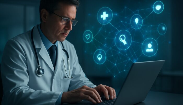 Physician analyzing glowing search keywords on laptop in modern clinic with medical icons