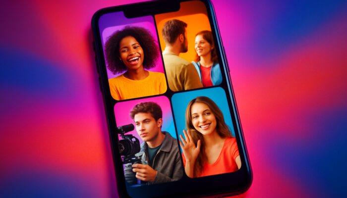 Vibrant Instagram carousel on glowing phone screen showing short-form behind-the-scenes videos and user stories in bold colors.