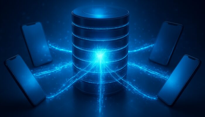 Futuristic server hub pulsing blue energy to smartphones via fast data streams for mobile optimization.