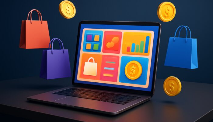 Shopify affiliate sales dashboard on laptop with product grids, charts, and commission icons on modern desk.