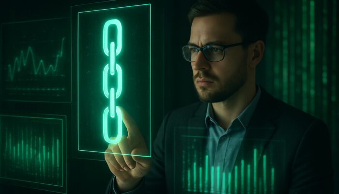Analyst verifies glowing affiliate links on holographic screens with green sales tracking data streams.