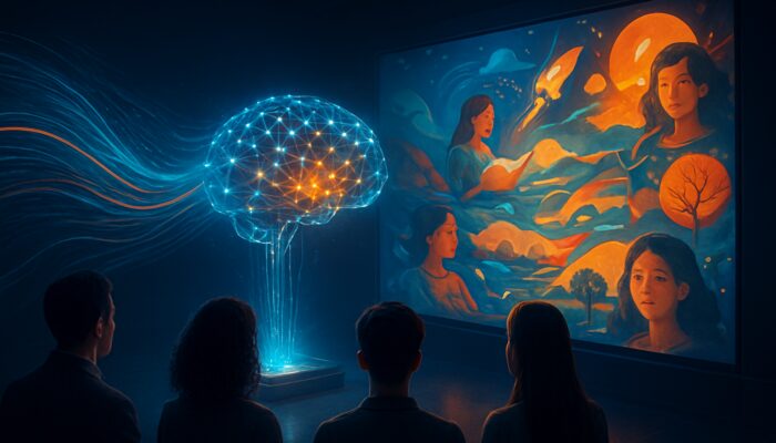 Futuristic AI neural network transforming swirling data streams into vibrant narrative illustrations for diverse audience.