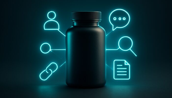 Sleek supplement bottle glowing with digital icons and floating alt text keywords for SEO and accessibility.
