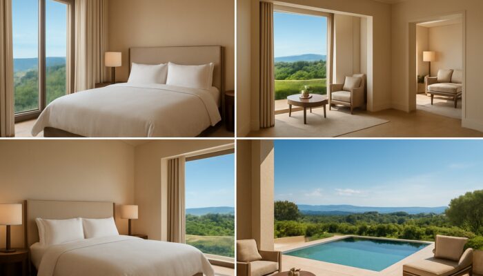 Luxurious property carousel ad showcasing elegant rooms, scenic views, and inviting amenities