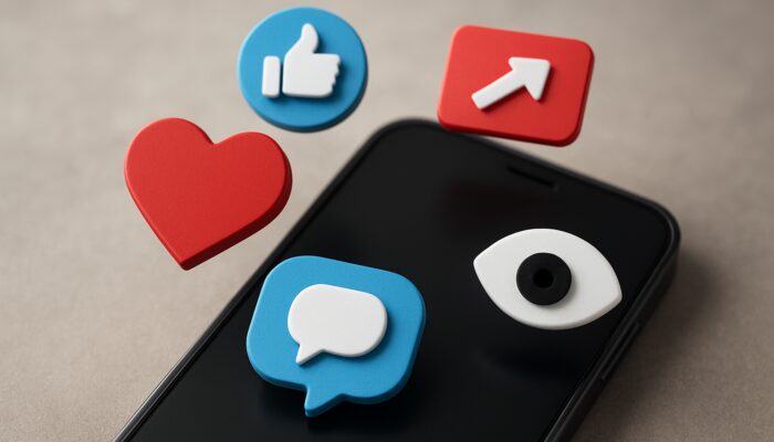 Illustration of social signals: likes, shares, comments, and views boosting video engagement