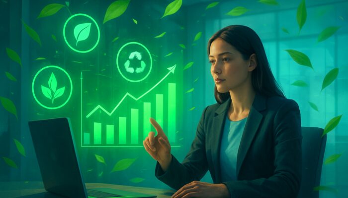 Futuristic marketer analyzes holographic eco-trend charts amid green leaves and sustainability icons.