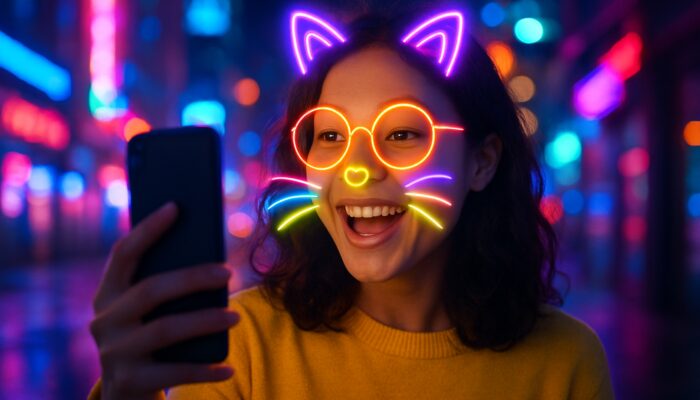 Young creator filming Snapchat short video with colorful AR filters in neon city night.