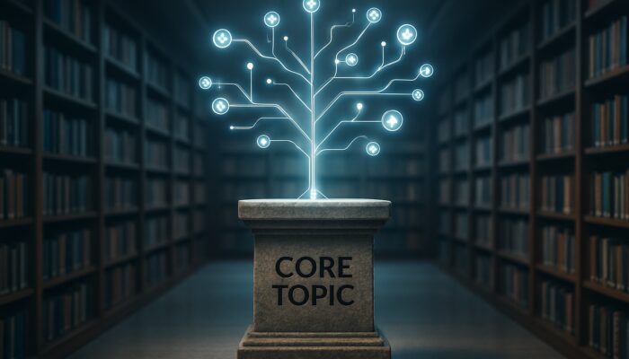 Stone pillar etched "Core Topic" supporting glowing network of articles and search icons in digital library.
