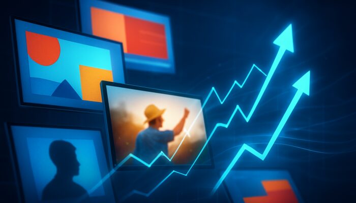 Dynamic collage of ad banners on screens with performance graphs highlighting top performers in digital advertising.